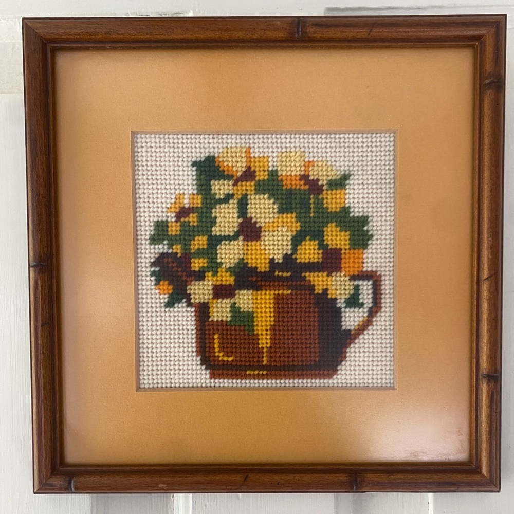 Vintage Finished Needlework Framed Matted w/ Glass Golden Bouquet Flowers 8”